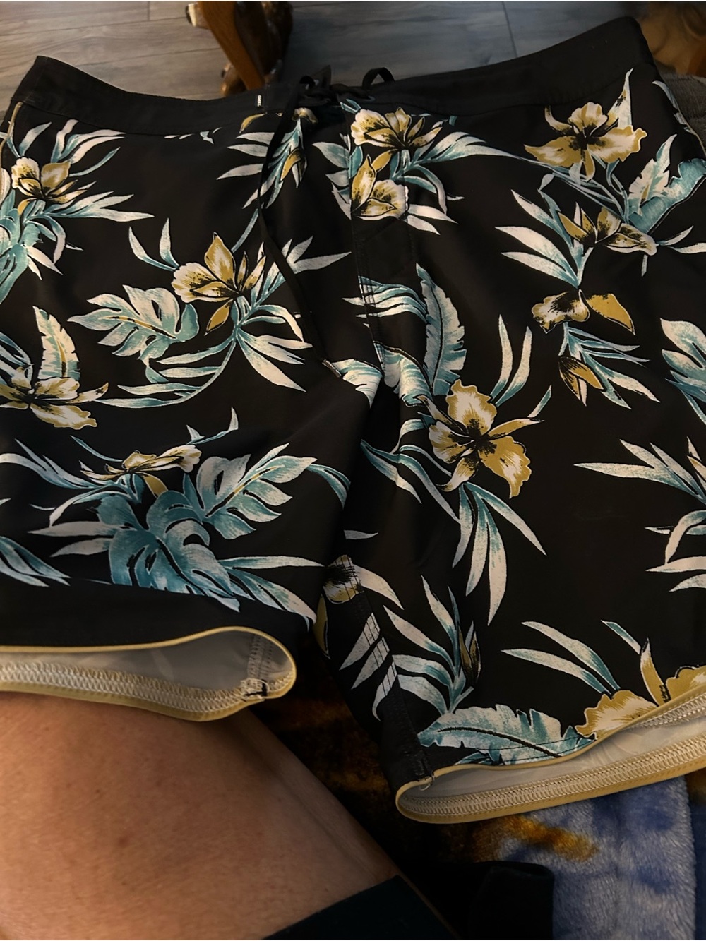 O'Neill Black Floral Swim Shorts with Teal and Yellow Print